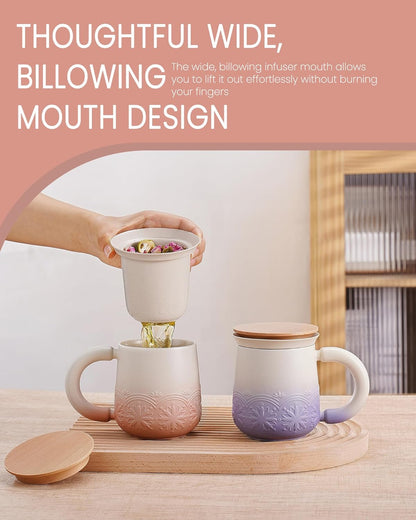 ZENS Tea Mug with Infuser and Lid for Loose Tea Diffusers, 12oz Purple | Embossed Ceramic Tea Cup with Infuser for Herbal Tea Steeper, Tea Lovers Gifts, Japandi Style Sunflower