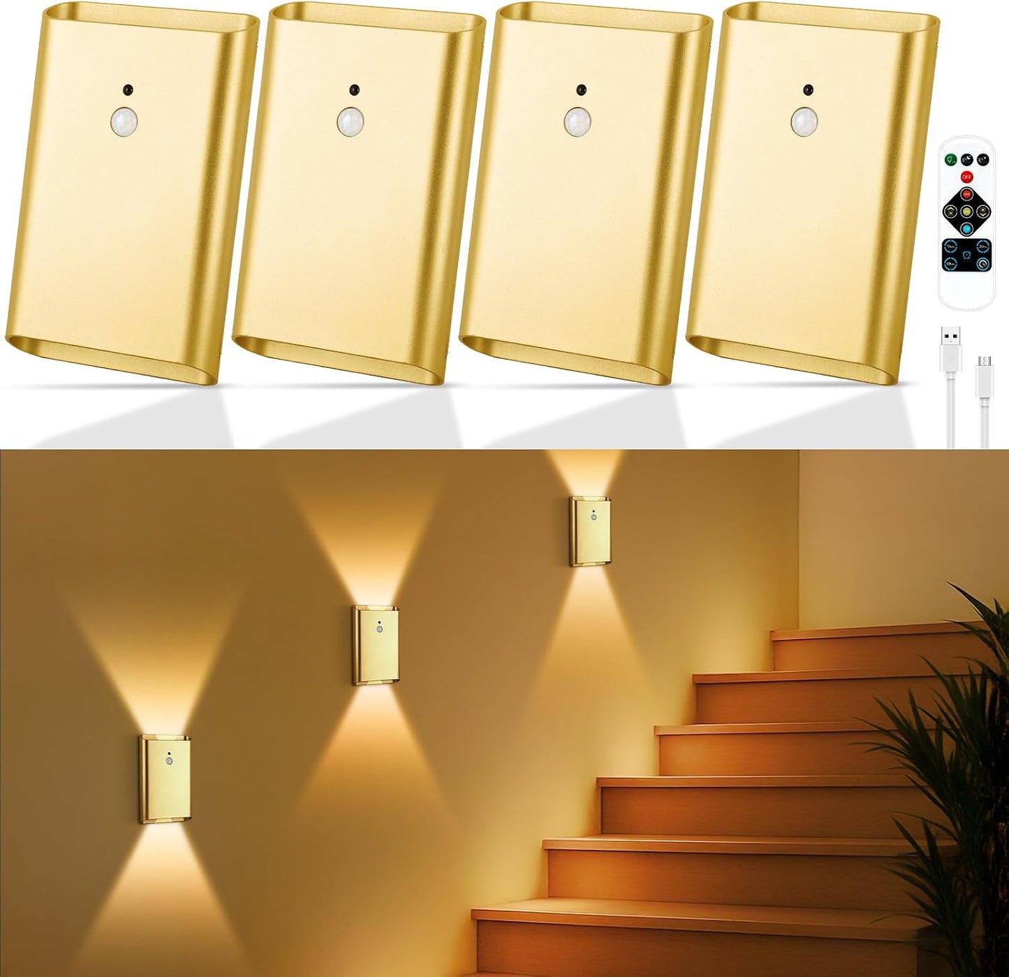 Eneru Motion Sensor Wall Sconce, Rechargeable Wireless Lights Indoor 2 Pack | 5000mAh battery powered, remote 3CCT dimmable, cordless magnetic mount, motion night light for hallway closet bathroom stair