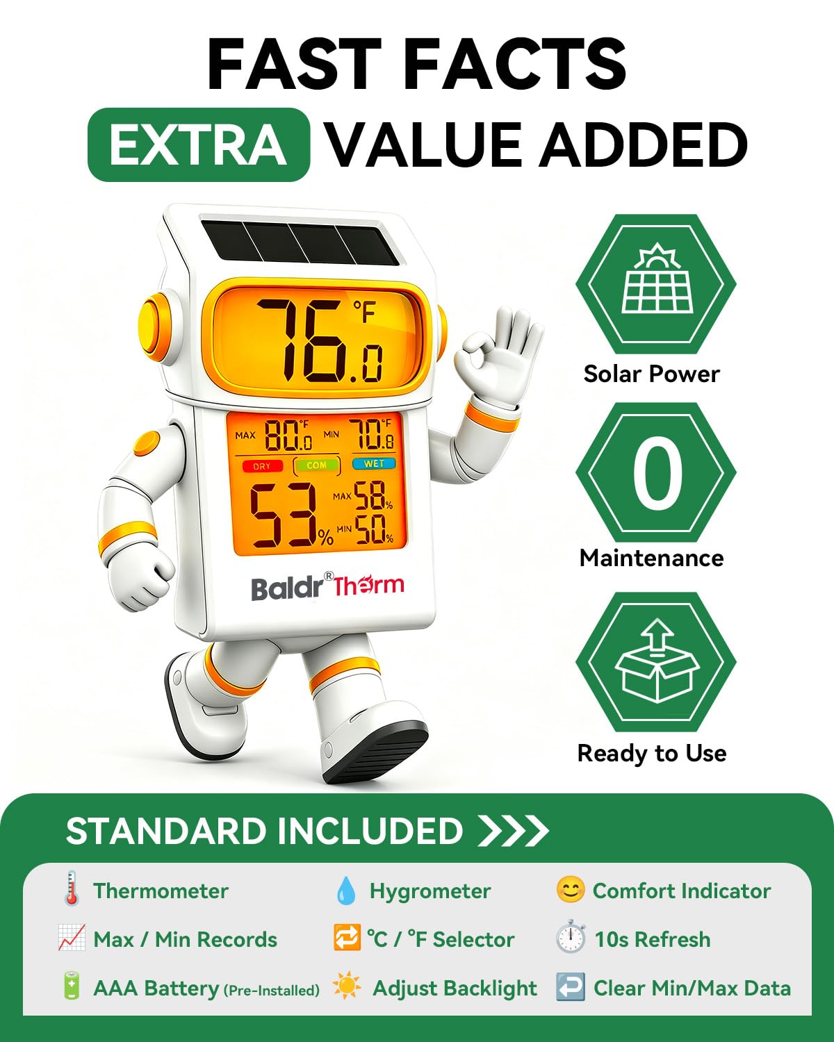 BALDR Solar Indoor Thermometer Humidity Meter No More Battery Changes | 2 Packs Temperature and Humidity Monitor with Backlight & Max Min Records Digital Hygrometer for Room House Home Greenhouse