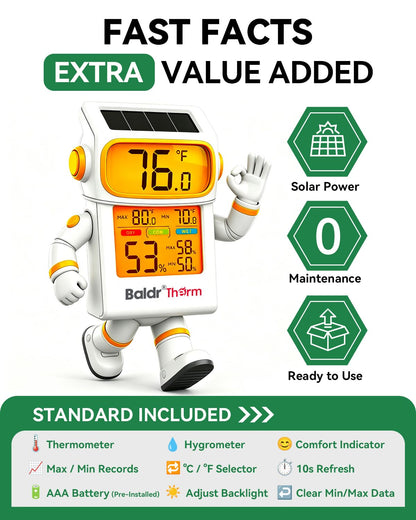 BALDR Solar Indoor Thermometer Humidity Meter No More Battery Changes | 2 Packs Temperature and Humidity Monitor with Backlight & Max Min Records Digital Hygrometer for Room House Home Greenhouse