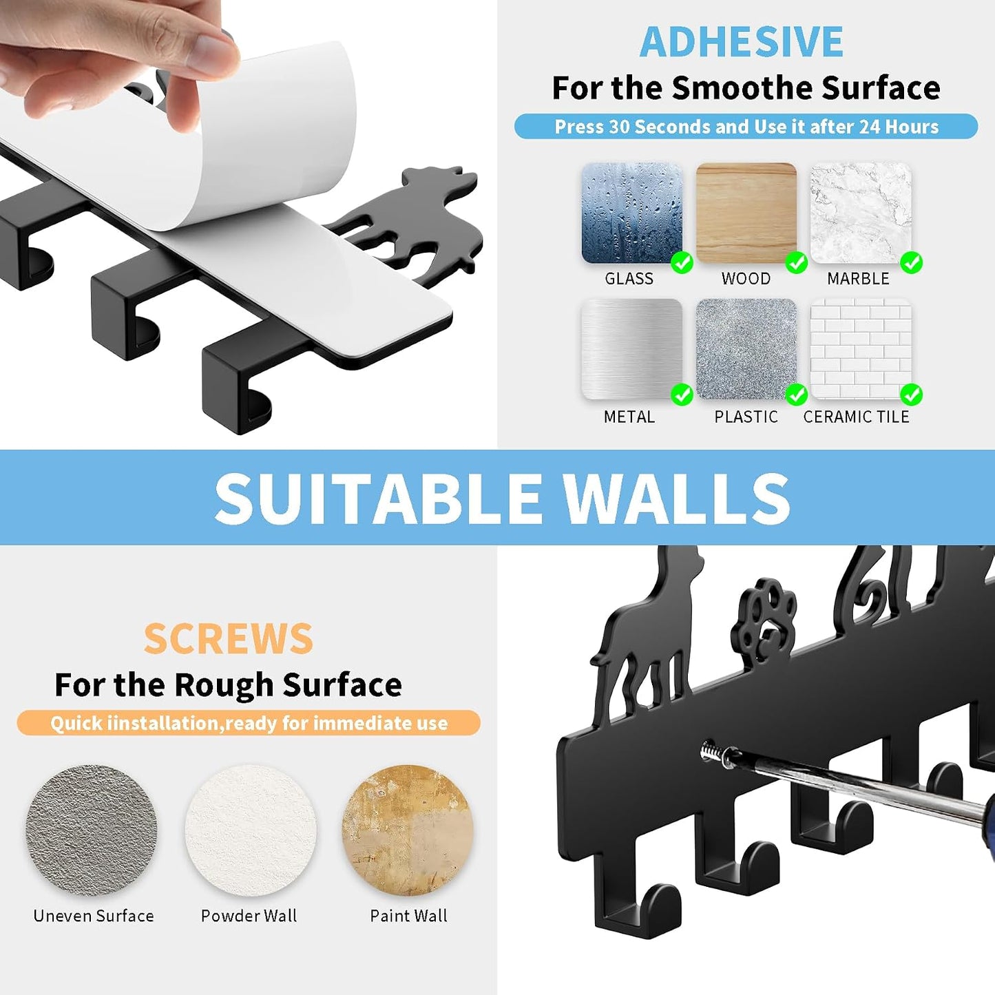GTK Key Holder for Wall Key Hooks with Tray and 6 Hooks, Wall Mounted Key Holder for Hallway, Key Rack with Shelf for Mail Storage (Black)