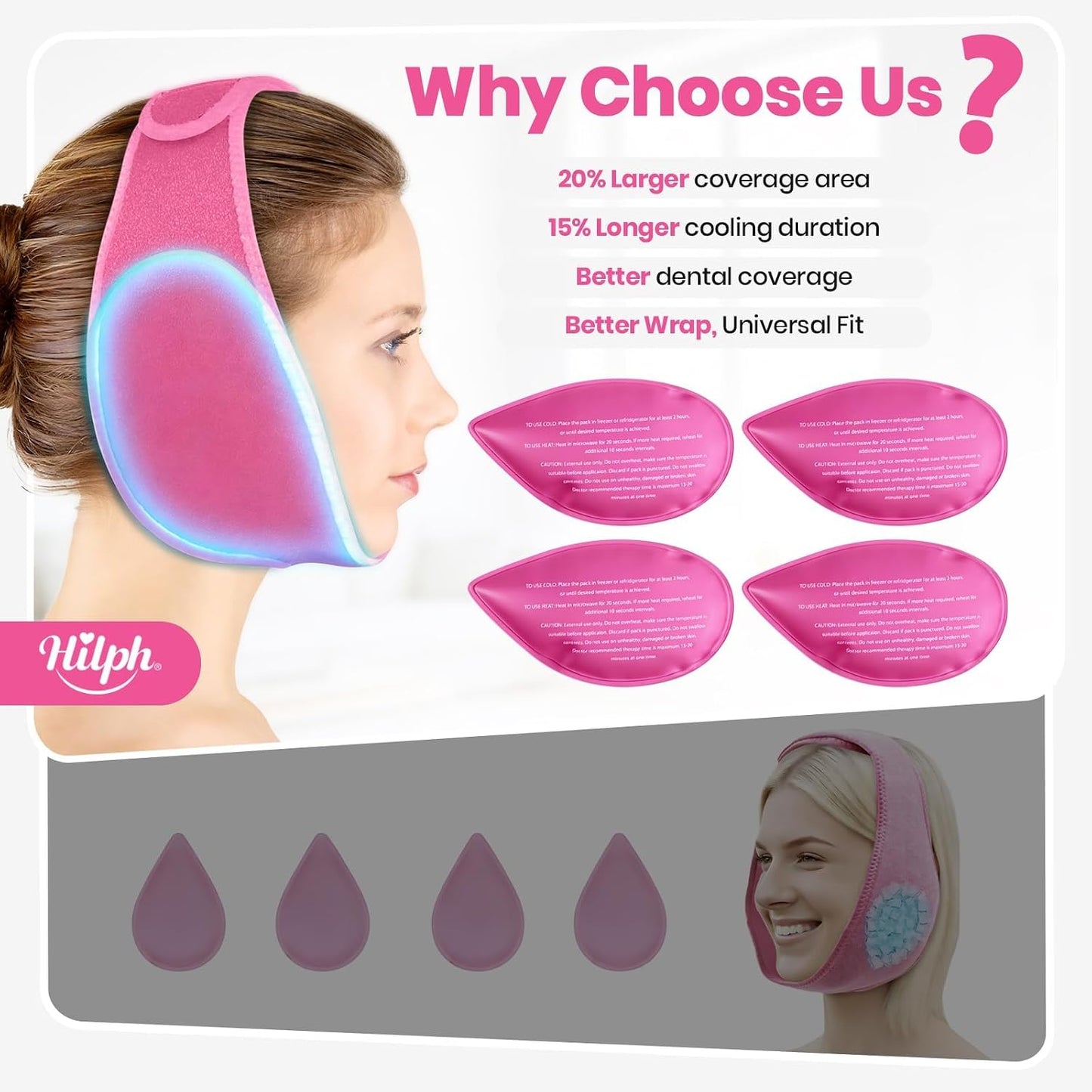 Hilph Wisdom Teeth Ice Pack Head Wrap, Face Ice Pack for Jaw Oral Surgery | Large Jaw Ice Wrap with 4 Hot Cold Gel Packs, Pain Relief for TMJ, Tonsillectomy, Wisdom Teeth Recovery Must Haves, Blue