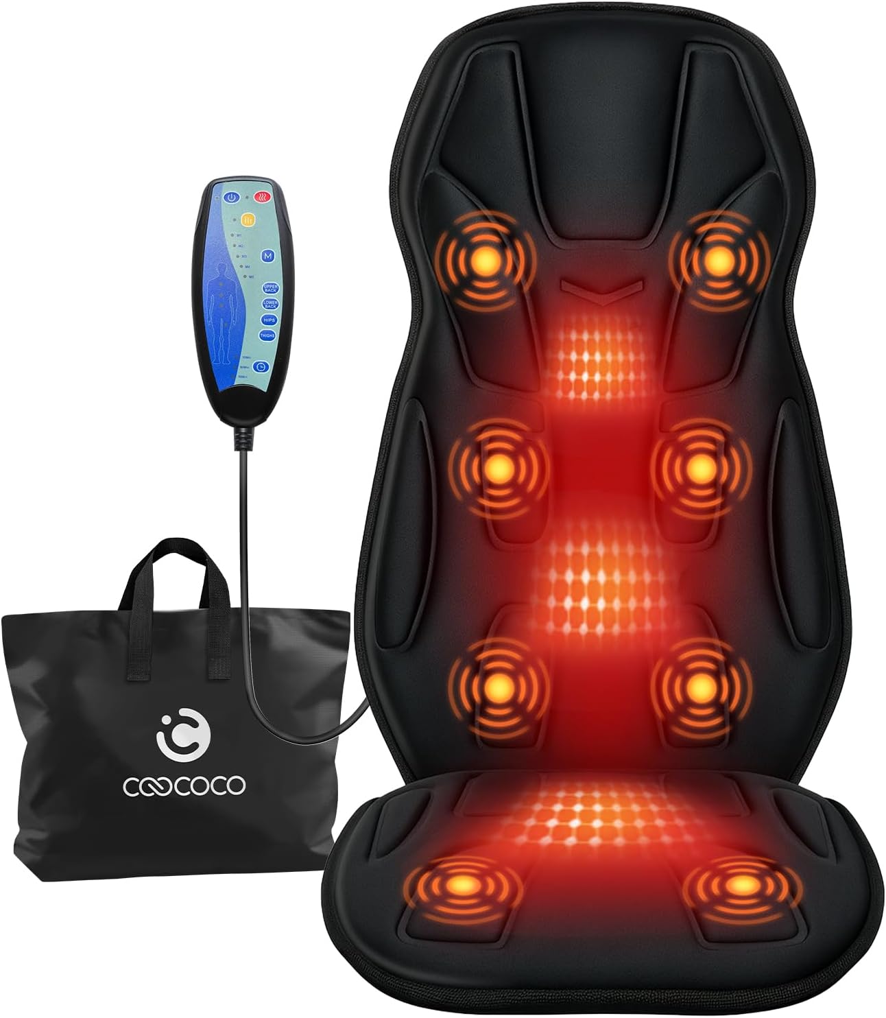Heated Back Massager, 8-Motor Massage Chair Pad for Home and Office | 8 vibrating motors, 5 modes, 3 intensities, 4 zones, back and seat heat, 2 heat levels, elastic strap, 30/60/90-min timer