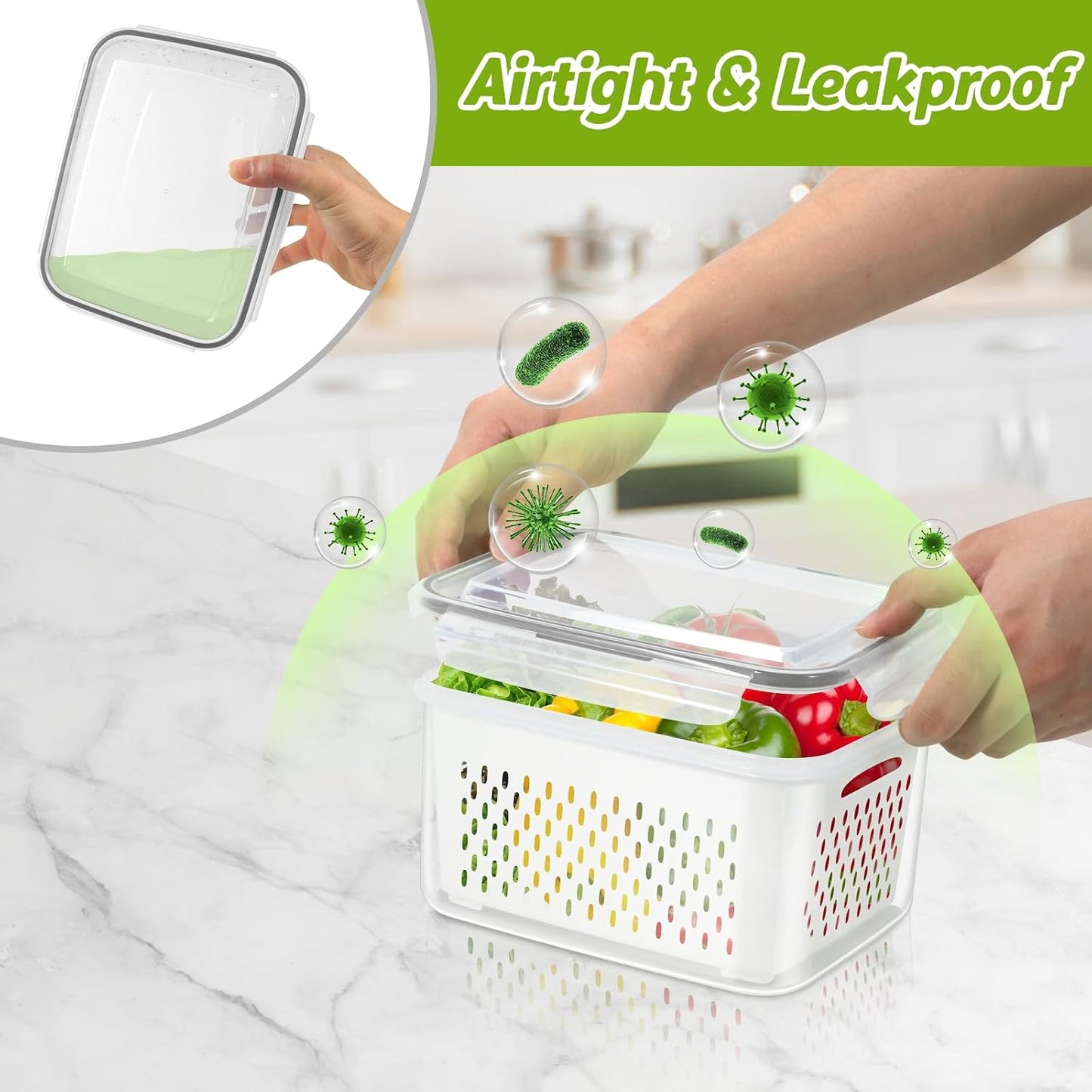 8 Pieces Fruit Storage Containers for Fridge with Lids and Strainer | 4Pack Fruit Containers for Fridge, Fresh Produce Saver Keeper for Vegetable Fruit Salad, BPA Free Organizer for Refrigerator