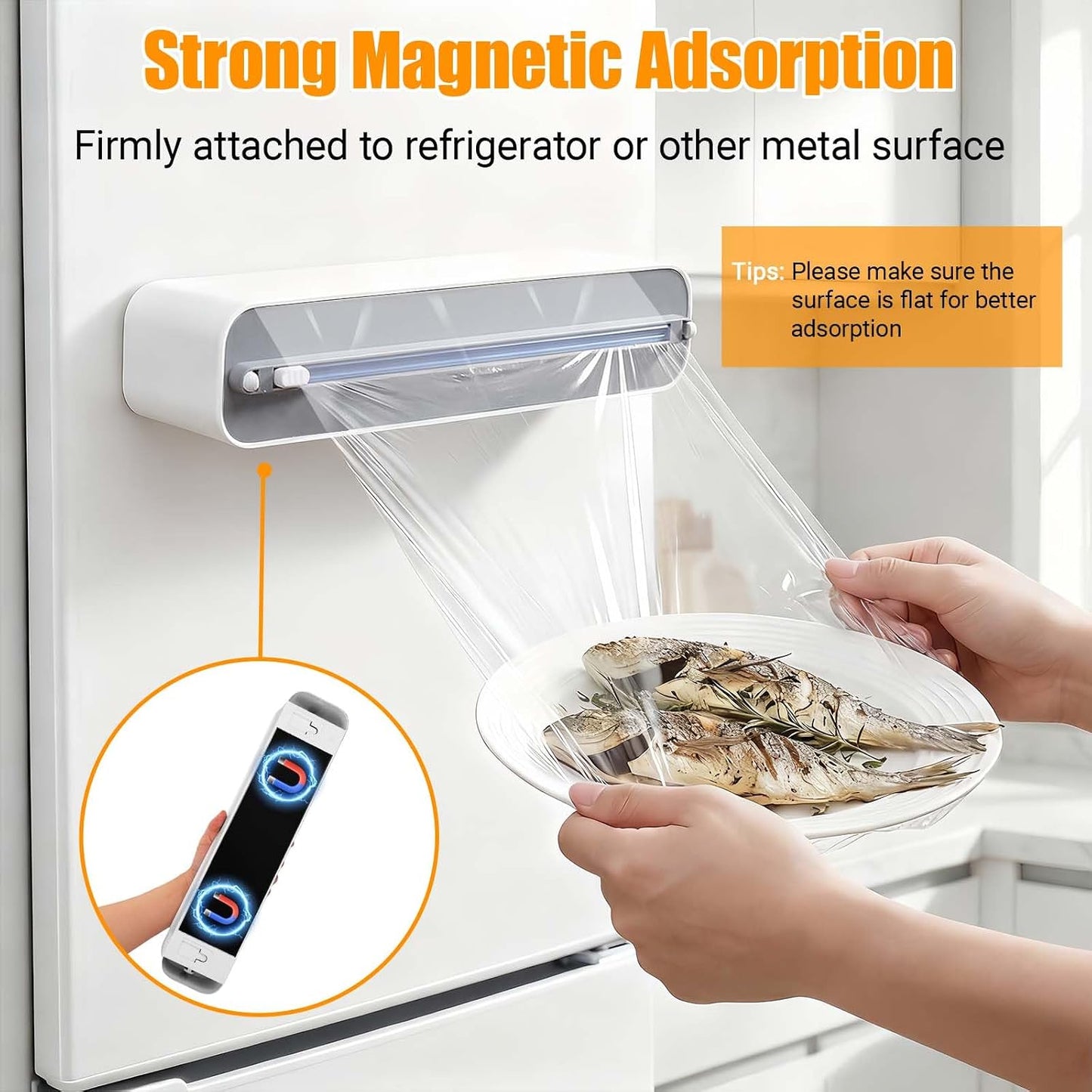 Large Magnetic Plastic Wrap and Foil Dispenser with Cutter | Magnetic & Adhesive Mounting, Fits for Max 12.8In x 984Ft of Plastic Wrap, 12.8In x 328Ft of Foil & Parchment Paper