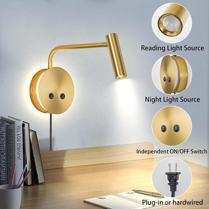 Matte Black Wall Mounted Reading Light, 3000K Flexible Headboard Reading Sconces with On Off Switch Control, Plug in/Hardwired Wall Light Fixtures with Night Light for Bedside Bedroom Bunk