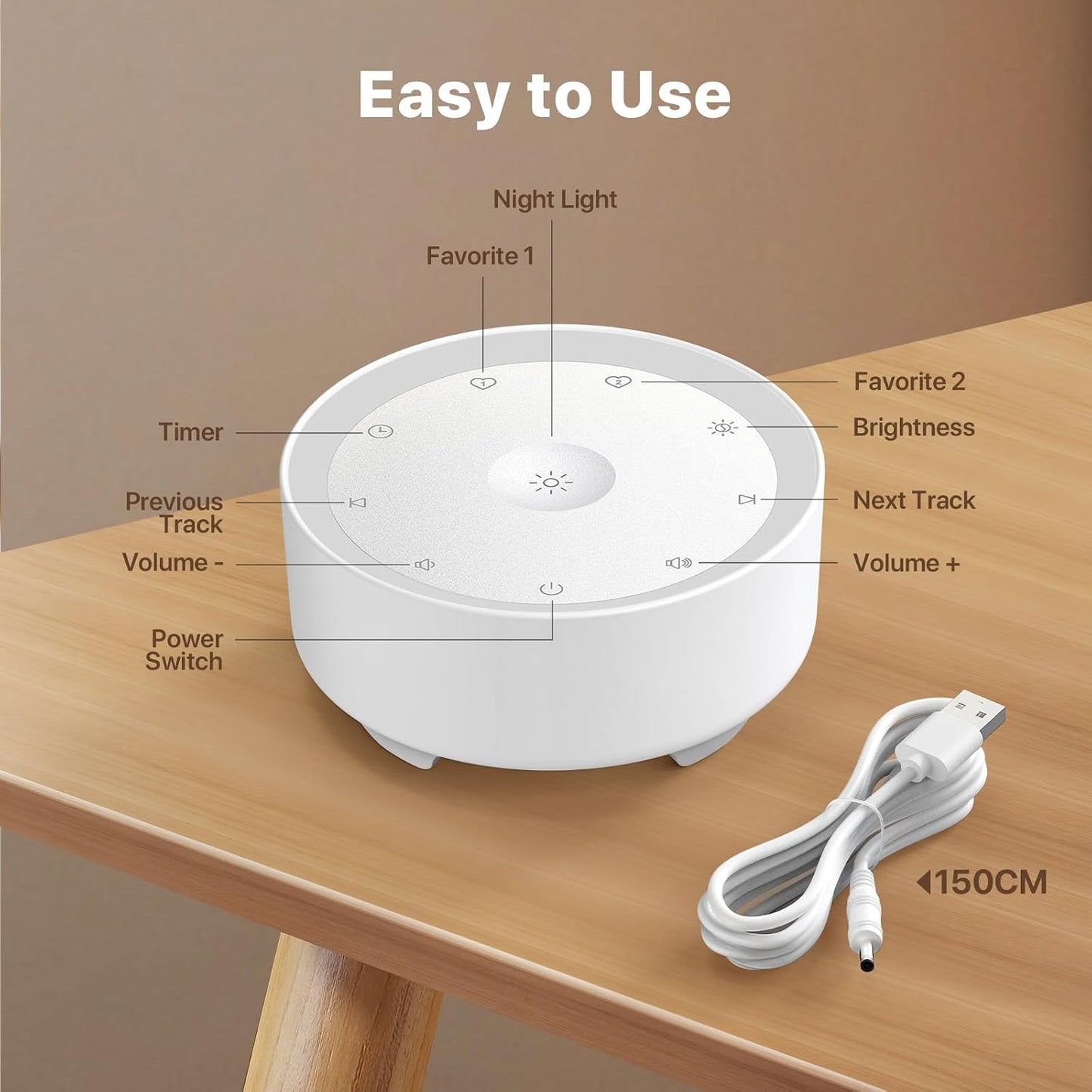 Kipcush White Noise Machine for Sleeping, Baby & Adults, High-Fidelity Non-Looping Sounds, Sleep Sound Machine with Dimmable Night Light, USB Powered, Memory Function, Home, Nursery & Travel