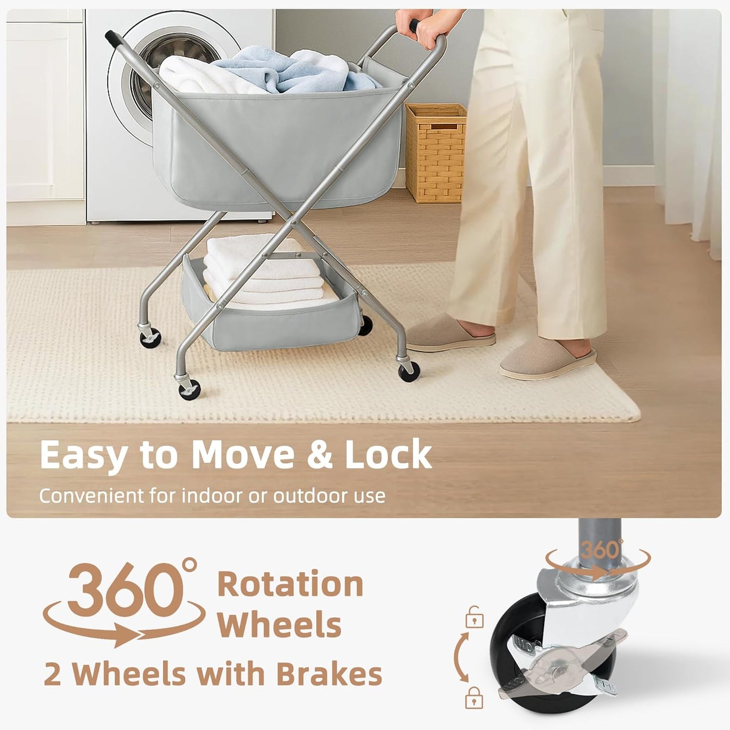 STORAGE MANIAC Collapsible Laundry Cart with Wheels 35.6"H Removable Canvas Bag Rolling Laundry Hamper Clothes Basket with Wheels, Sturdy Steel Frame Folding for Small Narrow Space Easy Storage, Beige