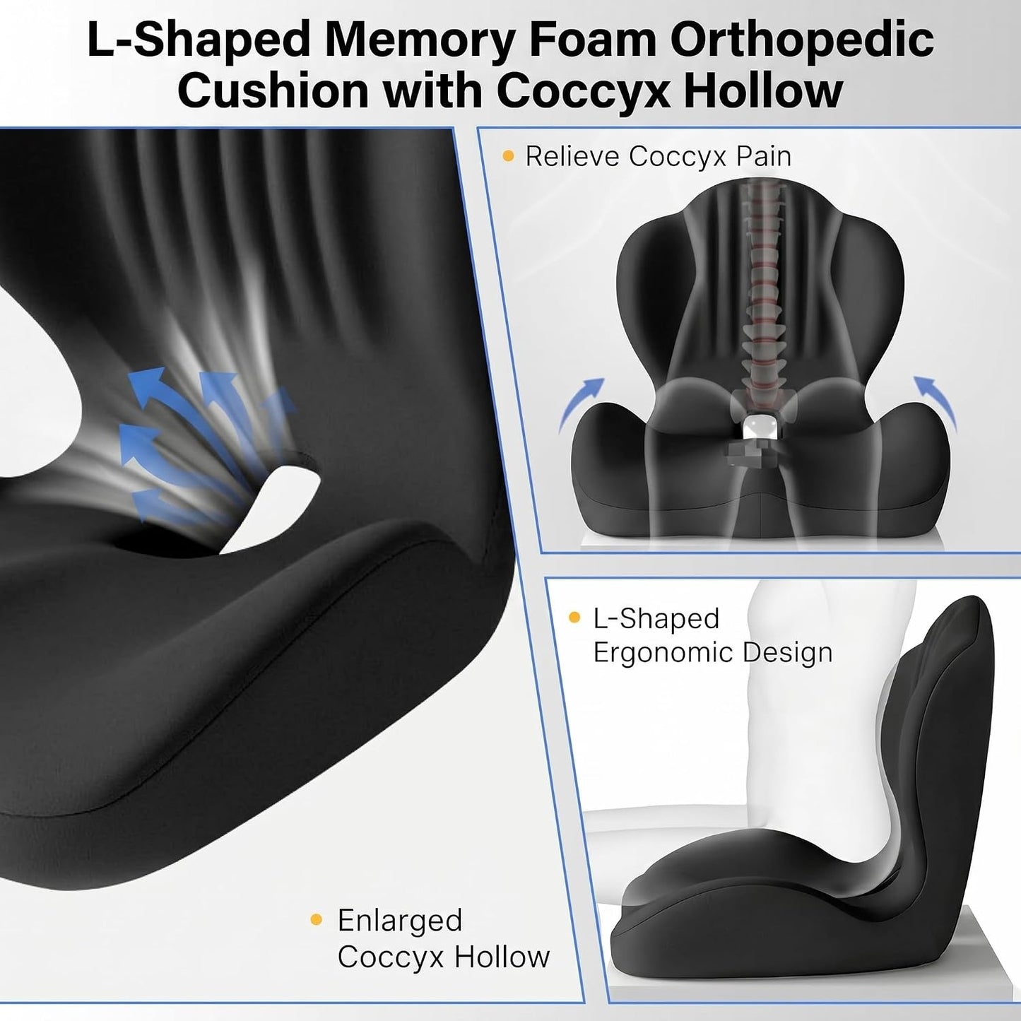 Ergonomic Seat Cushion with Lumbar Support (Black) | Office Chair Seat Cushion, Memory Foam Orthopedic Cushion with Tailbone Hollow, Sciatica & Back Pain Relief for Long Sitting