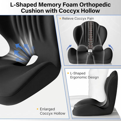 Ergonomic Seat Cushion with Lumbar Support (Black) | Office Chair Seat Cushion, Memory Foam Orthopedic Cushion with Tailbone Hollow, Sciatica & Back Pain Relief for Long Sitting