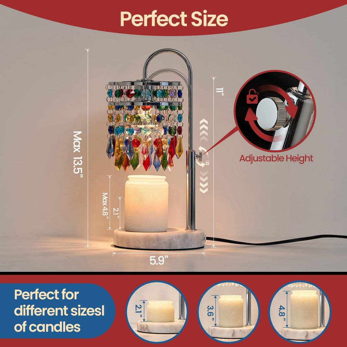 Candle Warmer Lamp with Timer Dimmer and 3 Bulbs, Candle Lamp Warmer with Marble Base for Adjustable Height, Crystal Candle Lamp for Jar Candles, House Warming Gifts Home Room Decor, Silver
