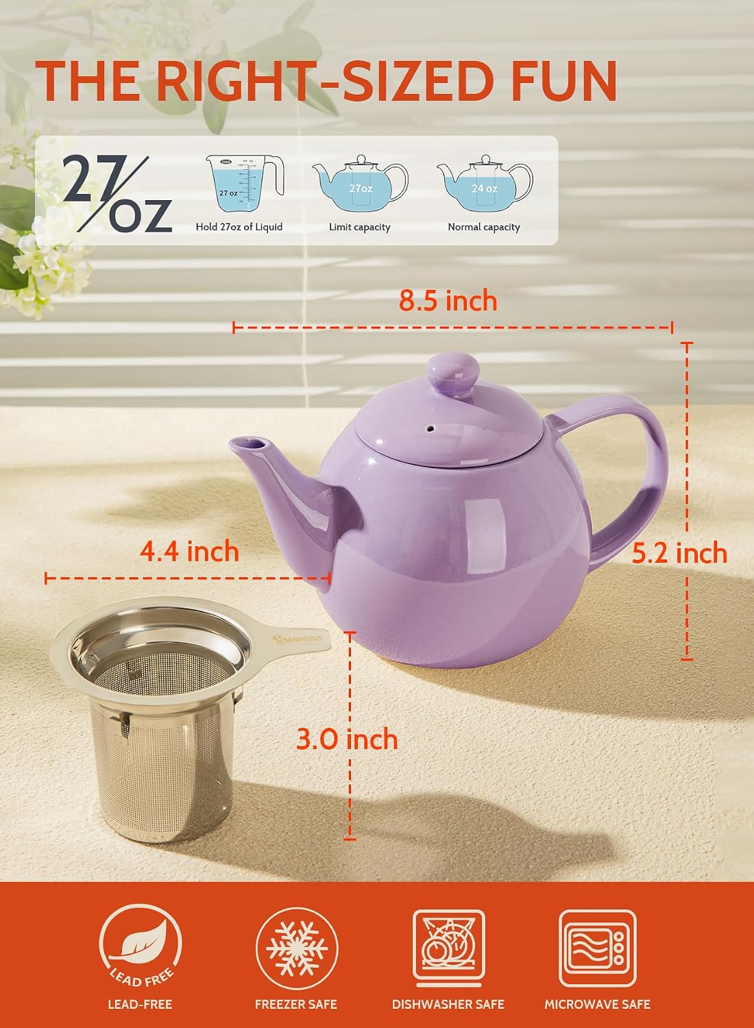 Sweese Teapots for Tea, 27 oz Porcelain Tea pot with Removable Stainless Steel Infuser, Tea Pots for Loose Tea - White