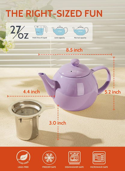 Sweese Teapots for Tea, 27 oz Porcelain Tea pot with Removable Stainless Steel Infuser, Tea Pots for Loose Tea - White