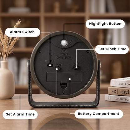 Analog Alarm Clock - 4.5" Silent Non Ticking Small Clock with Light, Rotatable Stand Metal Desk Clock Battery Operated, Simple Design for Living Room Decor/ Bedroom/Bedside/Shelf (Black & White)