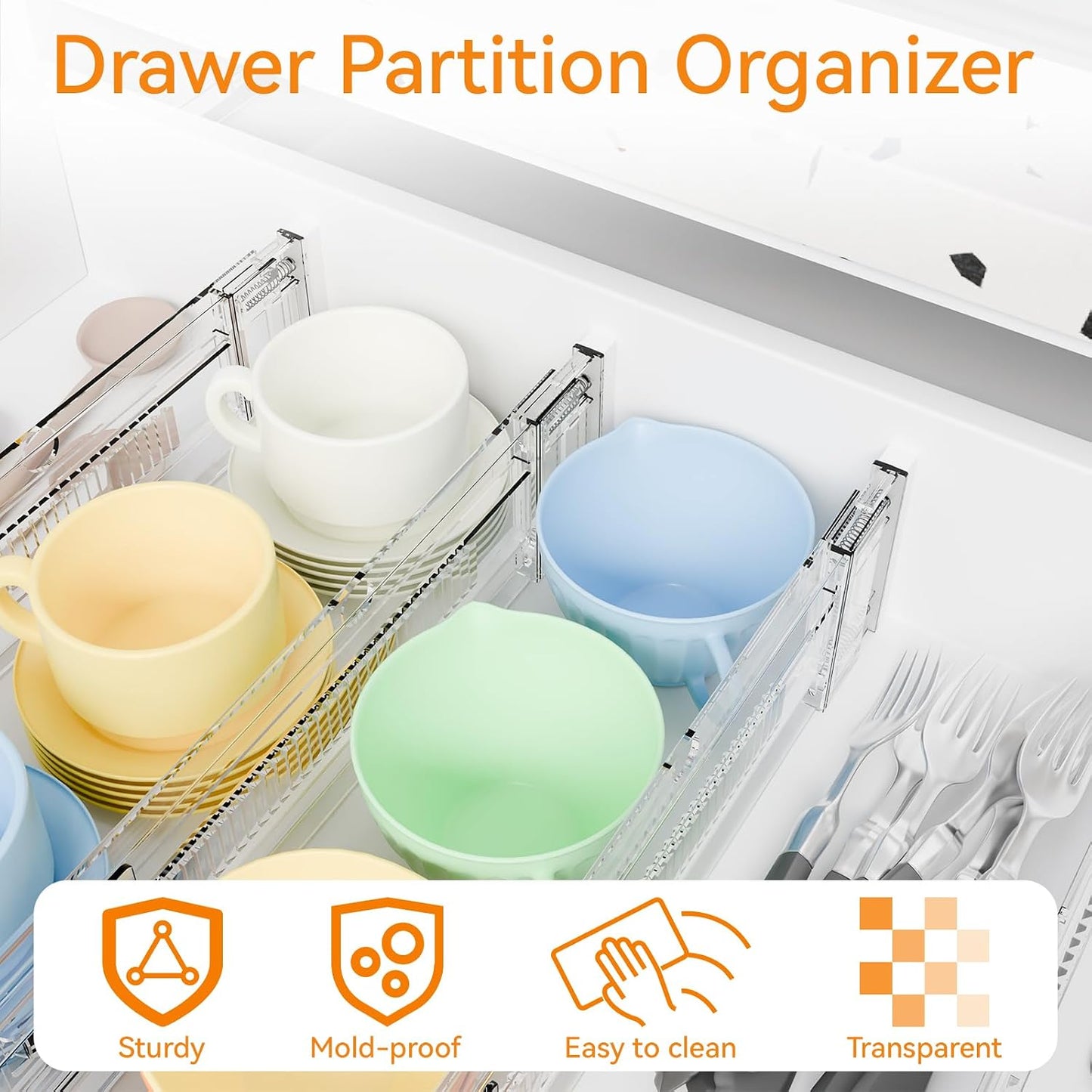 8 Pack 3.2 Inch Shallow Acrylic Drawer Dividers for Clothes -Expandable from 15-21''- Adjustable Drawer Dividers for Baby Clothing,Sock,Underwear,Clear in Drawer Separators for Dresser,Kitchen