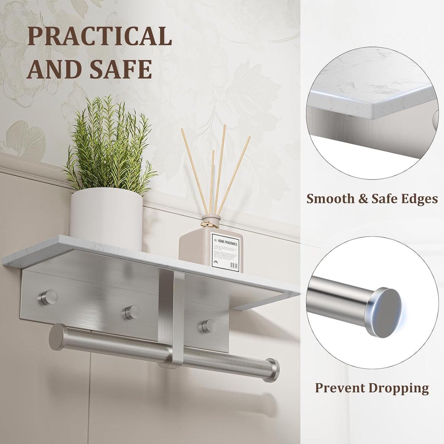 BWE Brushed Gold Toilet Paper Holder with Marble Shelf Wall Mounted | Toilet Paper Roll Holder with Phone Shelf 304 Stainless Steel Tissue Holder for Bathroom Washroom,Saving Space