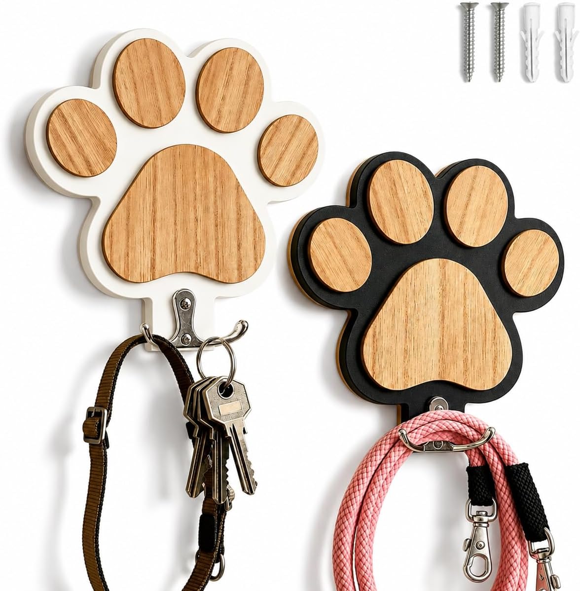 2-Pack Dog Leash Holder, Wooden Paw Wall Hooks for Entryway | Paw-shaped panels add playful pet decor, helping dog owners organize daily essentials without cluttering tables or floors