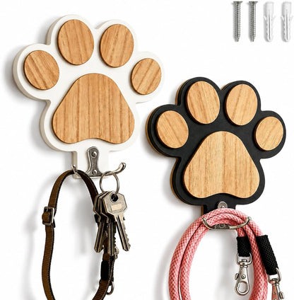 2-Pack Dog Leash Holder, Wooden Paw Wall Hooks for Entryway | Paw-shaped panels add playful pet decor, helping dog owners organize daily essentials without cluttering tables or floors