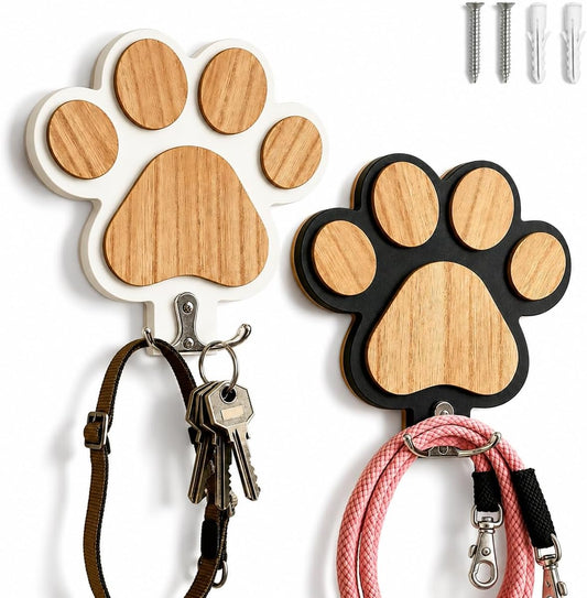 2-Pack Dog Leash Holder, Wooden Paw Wall Hooks for Entryway | Paw-shaped panels add playful pet decor, helping dog owners organize daily essentials without cluttering tables or floors