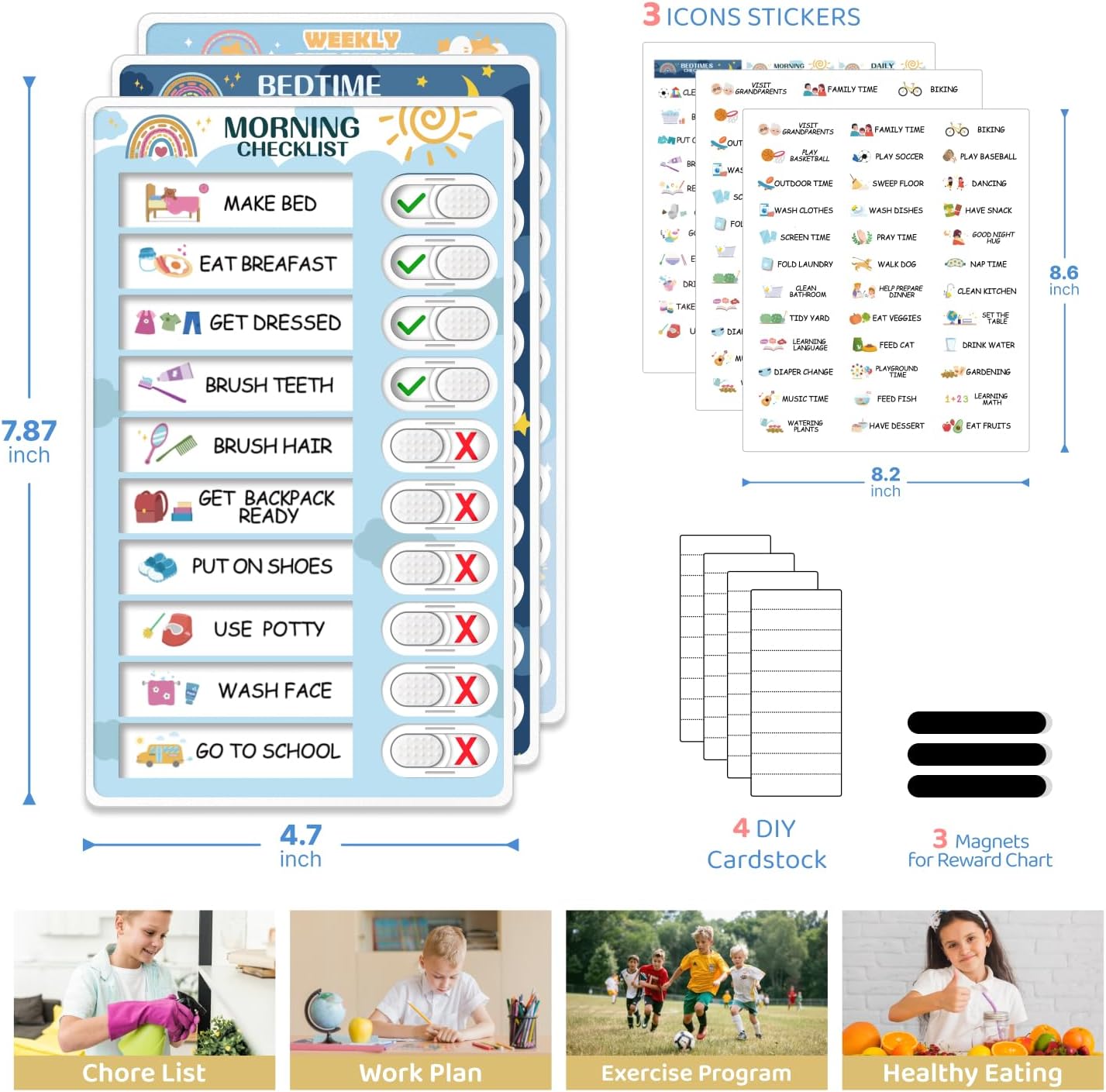 Upgraded Slider 4 in 1 Reward Chart for Kids, Reusable Bedtime/Morning/Daily Routine Chart for Kids, Magnetic Chore Chart for Kids Toddlers, Sticker Chart for Kids Behavior Chart for Kids at Home