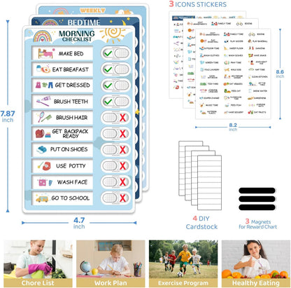 Upgraded Slider 4 in 1 Reward Chart for Kids, Reusable Bedtime/Morning/Daily Routine Chart for Kids, Magnetic Chore Chart for Kids Toddlers, Sticker Chart for Kids Behavior Chart for Kids at Home