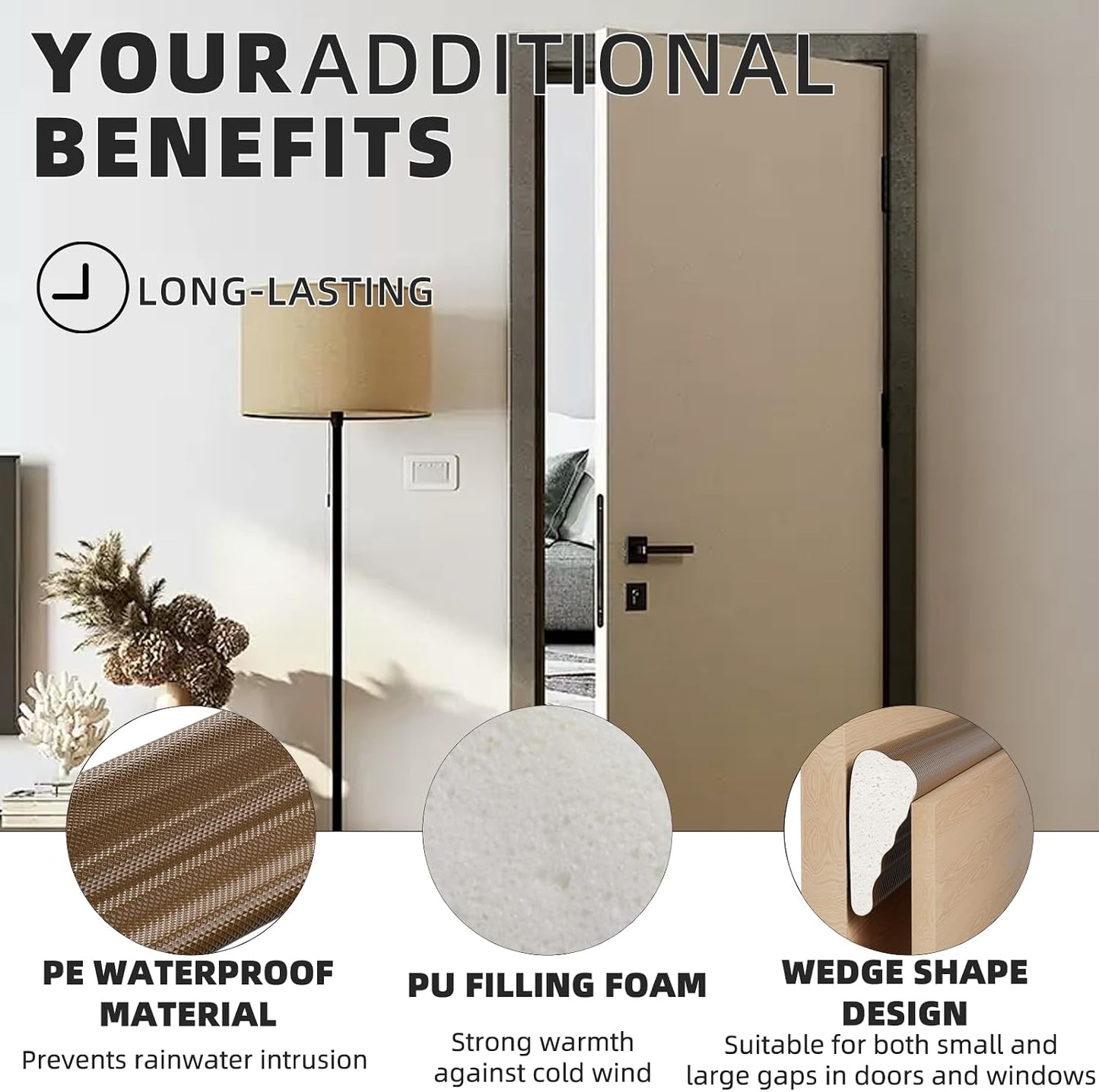196" White Wedge Weather Stripping Door Seal, Foam Door Gap Seal | Noise & Draft Blocking, Windows & Doors Winter Insulation, Door Frame Soundproofing, Self Adhesive Weatherstrip Tape