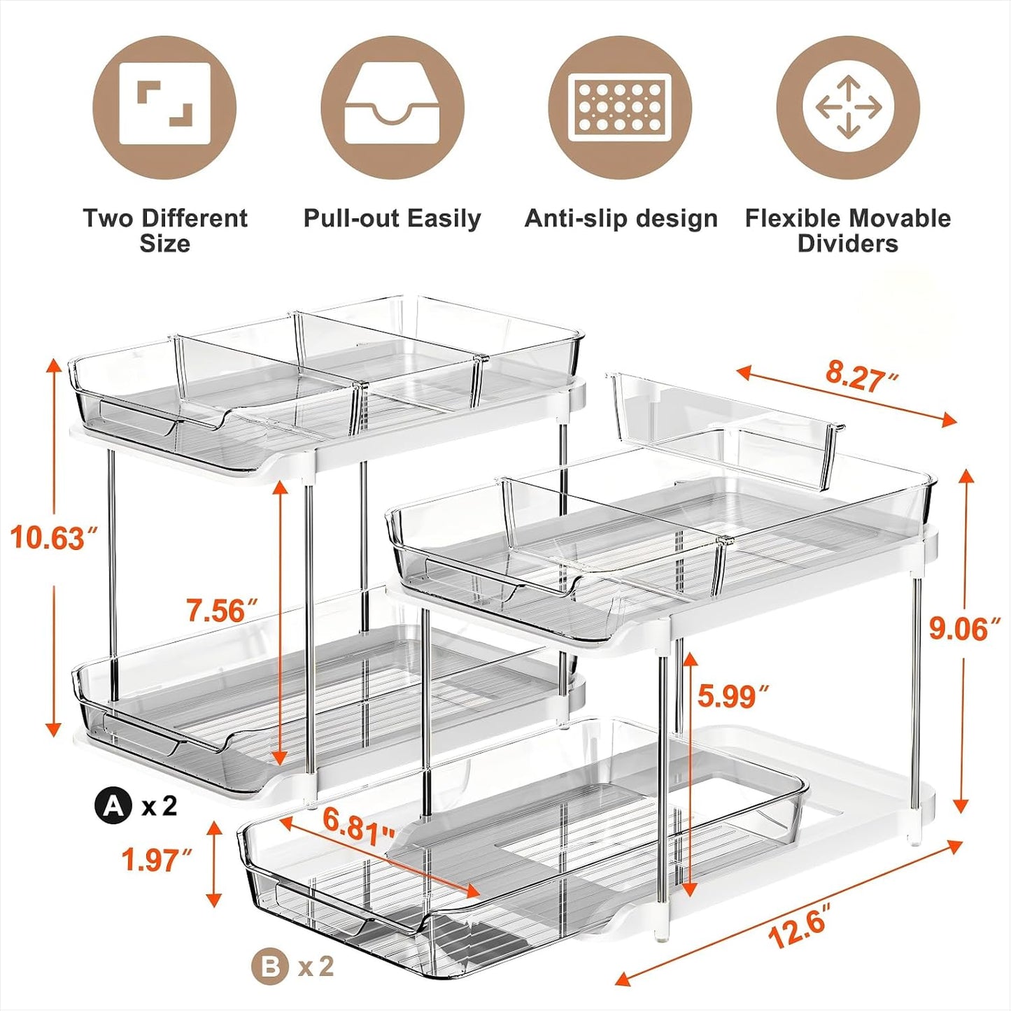 Delamu 2-Tier Multi-Purpose Bathroom Under Sink Organizers and Storage, Stackable Kitchen Pantry Organization, Pull Out Medicine Cabinet Organizer with Movable Dividers, White, 2 Pack