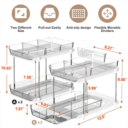 Delamu 2-Tier Multi-Purpose Bathroom Under Sink Organizers and Storage, Stackable Kitchen Pantry Organization, Pull Out Medicine Cabinet Organizer with Movable Dividers, White, 2 Pack