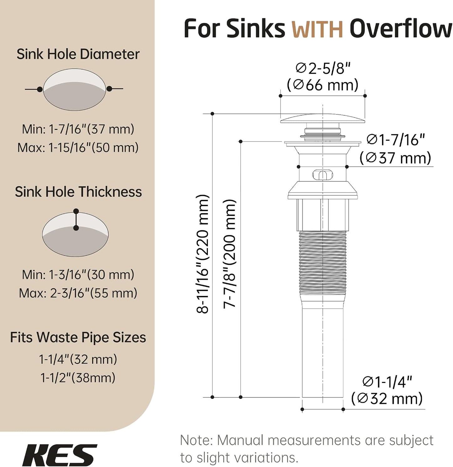 KES All Metal Bathroom Sink Drain with Strainer Basket Hair Catcher Anti Clog Pop Up Drain Stopper for Lavatory Vanity Vessel Sink with Overflow, Rustproof 18/8 Stainless Steel Matte Black S2013A-BK