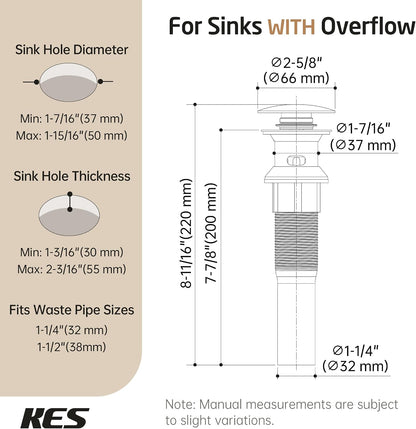 KES All Metal Bathroom Sink Drain with Strainer Basket Hair Catcher Anti Clog Pop Up Drain Stopper for Lavatory Vanity Vessel Sink with Overflow, Rustproof 18/8 Stainless Steel Matte Black S2013A-BK