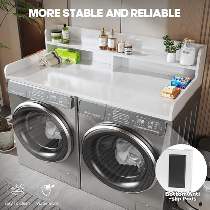 2-Tier Washer and Dryer Countertop with 2.75" H Guard,54" W x 27.5" D Laundry Countertop Cover with Non-Slip Pad,Large Space Laundry Topper for Folding Clothes Over Washer and Dryer-White