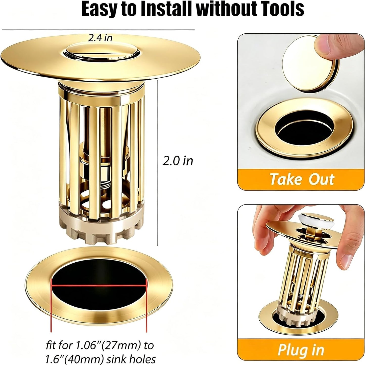 Anlige Bathroom Sink Drain Strainer, 3 in 1 Pop Up Bathroom Sink Stopper with Removable Brass Basket Hair Catcher, Universal Sink Plug for 1.06 to 1.6in Drain Hole, Chrome Silver