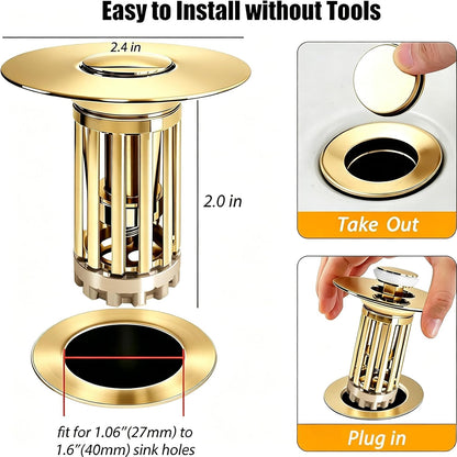 Anlige Bathroom Sink Drain Strainer, 3 in 1 Pop Up Bathroom Sink Stopper with Removable Brass Basket Hair Catcher, Universal Sink Plug for 1.06 to 1.6in Drain Hole, Chrome Silver