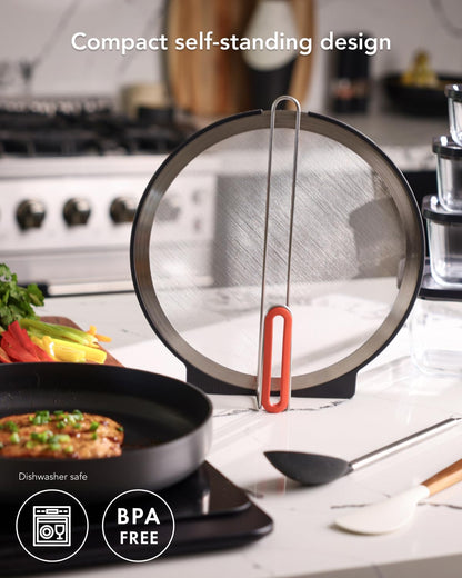 Self-Standing Splatter Screen, Heavy-Duty Stainless Grease Guard | For frying pans & induction cookers, heat-resistant, bpa-free, dishwasher safe, compact storage; blocks splatter