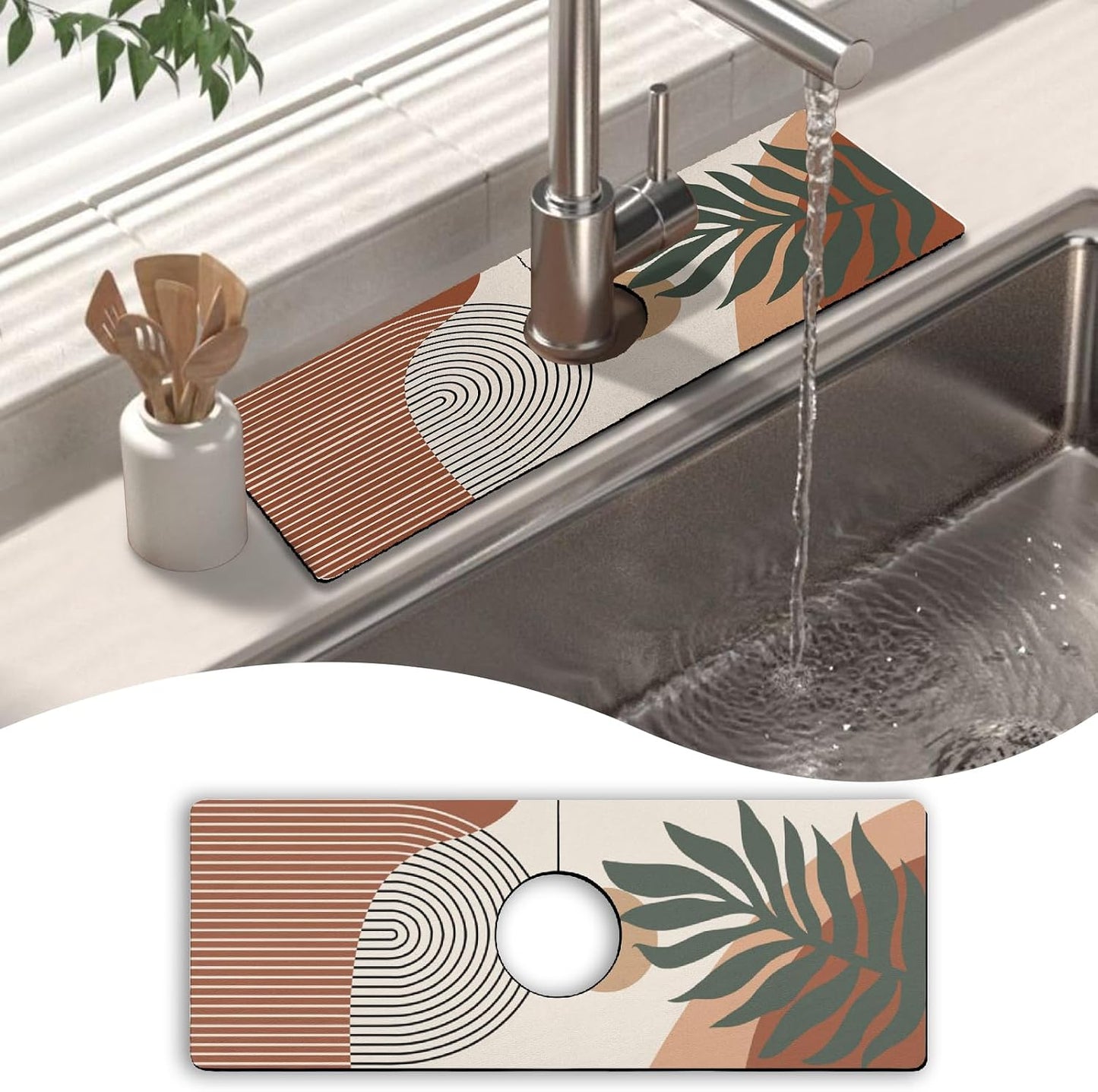 Kitchen Sink Splash Guard Faucet Mat 24" X 5.5" Tropical Leavesl Absorbent Fast Drying Mat Faucet Draining Mat Sink Splash Guard Behind Faucet Drip Catcher for Kitchen Bathroom