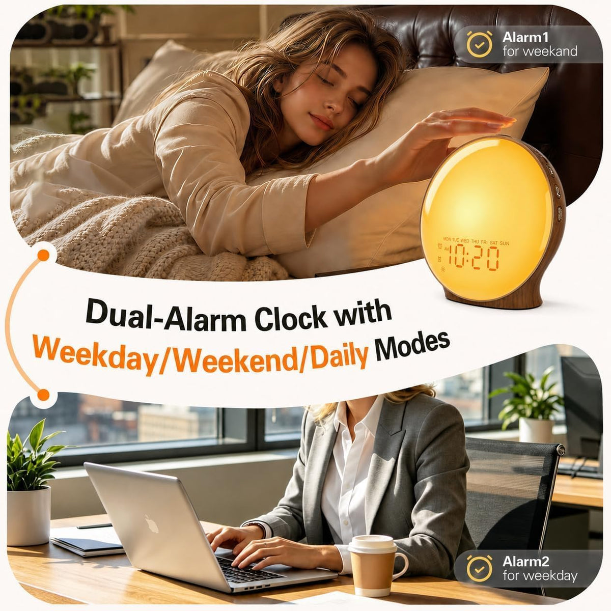 JALL Full-Screen Wake Up Light Sunrise Alarm Clocks for Bedrooms, White Noise Machine for Heavy Sleepers, 25 Natural Sounds, Dual Alarms, FM Radio, 17 Dimmable Colors, Bluetooth Speaker