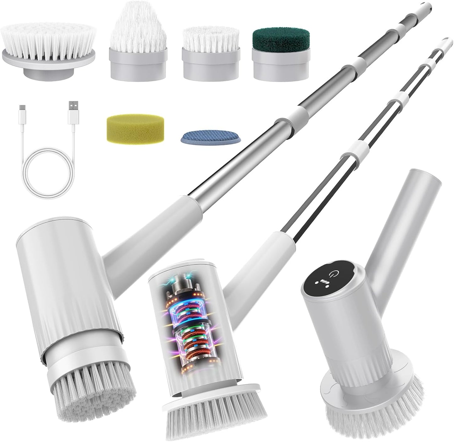 Electric Spin Scrubber – 5-Hour Battery, 6 Brush Heads, No Bending with 47" Extendable Handle, Cordless Power Scrubber for Bathroom Shower Bathtub Tile Kitchen Floor