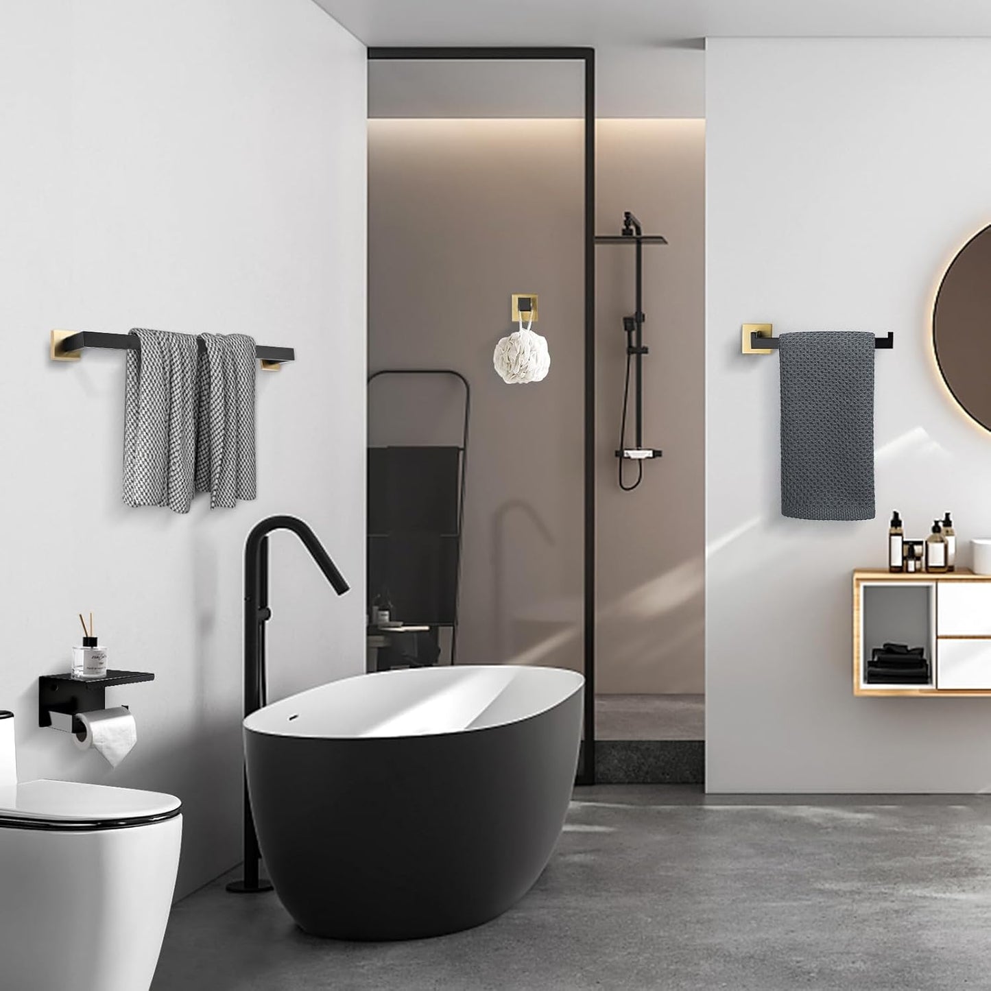 TURS Bathroom Hardware Set Black 4-Piece Towel Bar Set Include 24 Inch Towel Bar Hand Towel Holder Towel Hook Toilet Paper Holder with Shelf Wall Mounted Stainless Steel Bathroom Accessories Set