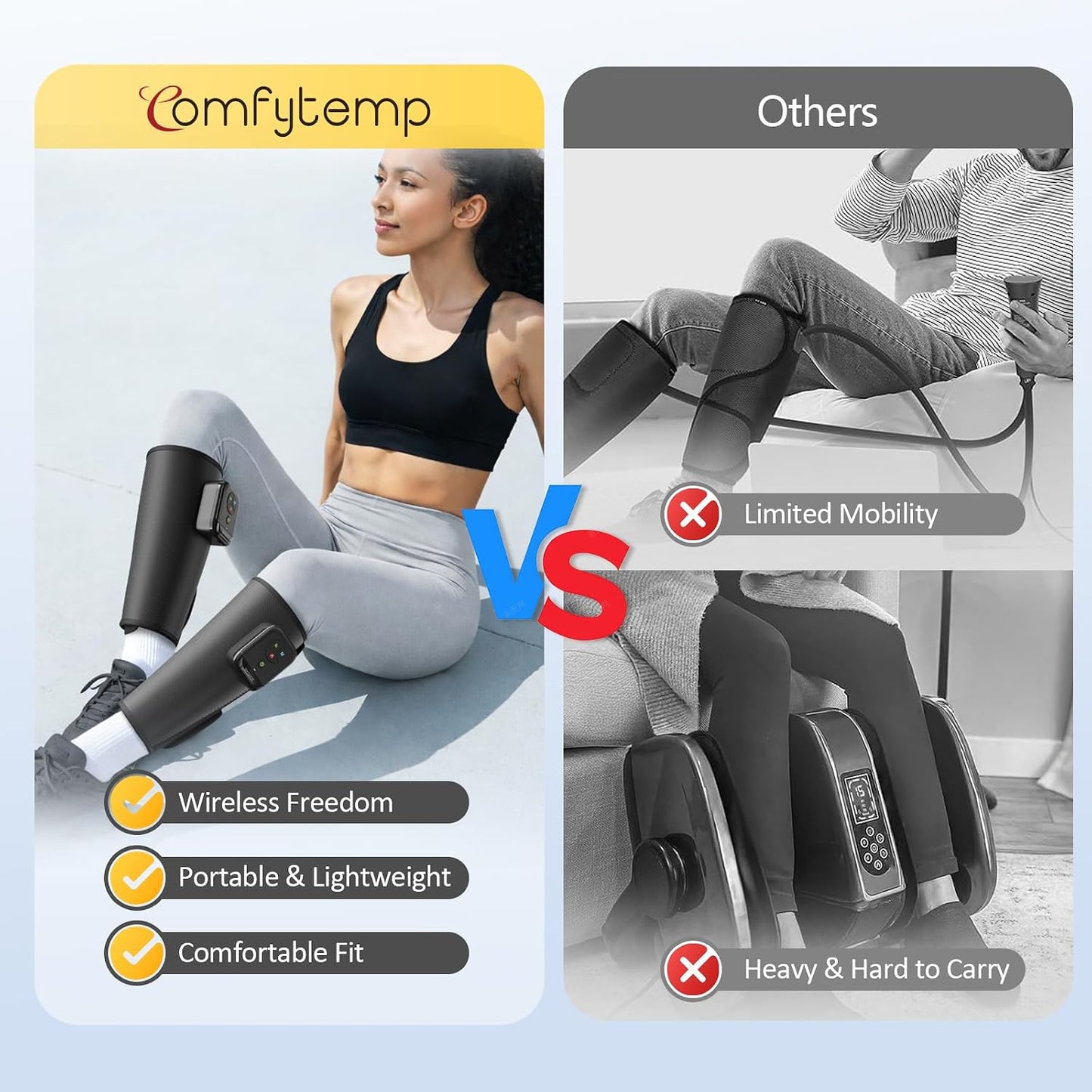 Comfytemp Cordless Air Compression Calf Massager with Heat (Fit 13"~18") | Recovery for Varicose Veins, RLS, Portable Leg Compression Massager for Circulation and Pain Relief, Ideal for Men Women