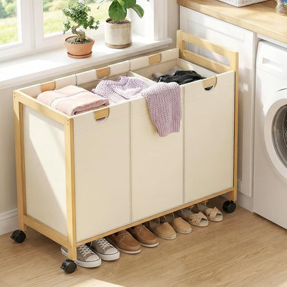 250L Laundry Sorter with Wheels, 3-Section Laundry Hamper, Black | 66 Gal Large Laundry Cart with Removable Bags, Rolling Laundry Basket, Water-Resistant, Bamboo Frame, Laundry Room Organizer
