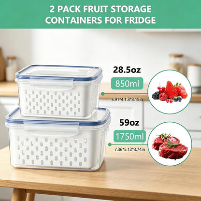 2-Pack Refrigerator Storage Containers with Removable Colander Baskets, Fridge Organizer Box for Fruits Vegetables, Keep Fresh & Tidy, Space Saving Kitchen Food Storage Container Set