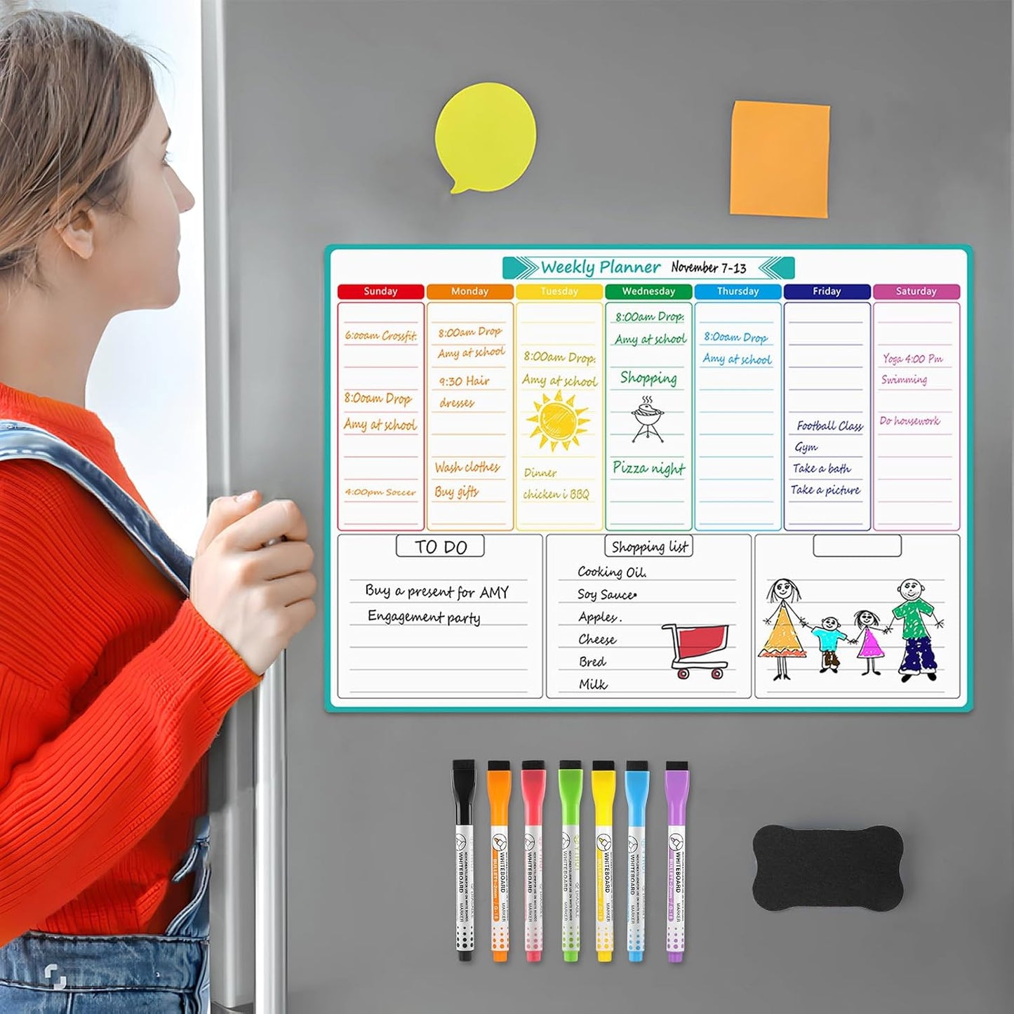 MaxGear Weekly Dry Erase Board for Fridge, 16"x12" Magnetic Calendar | Strong Magnetic, Smooth Writing and Effortless Erasing, Stain Resistant without any Stains with 7 Markers and 1 Eraser