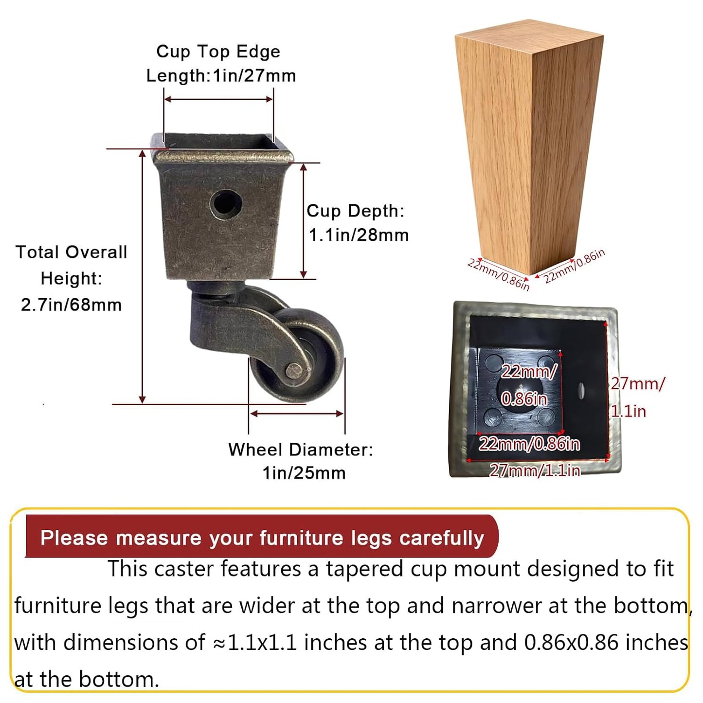 4Pcs Square Tapered Cup Casters Wheels, 25mm/1in Antique Polished Castor | Zinc Alloy Furniture Roller 360° Rotation Universal Wheel- Load 180kg/396lbs for Piano Feet Desk Cabinet with Screws