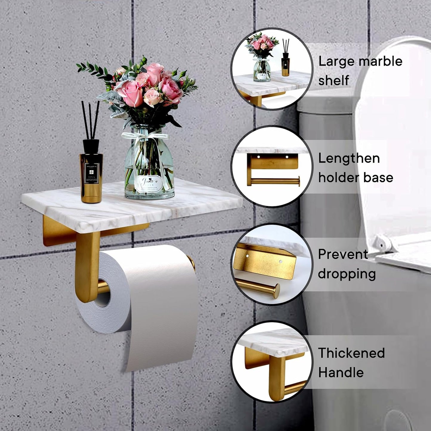Toilet Paper Holder with Natural Marble Shelf for Bathroom Washroom,Wall Mounted Tissue Holder Suitable for Mega Roll (Brushed Nickel,Small 6.7 * 4.3 in)