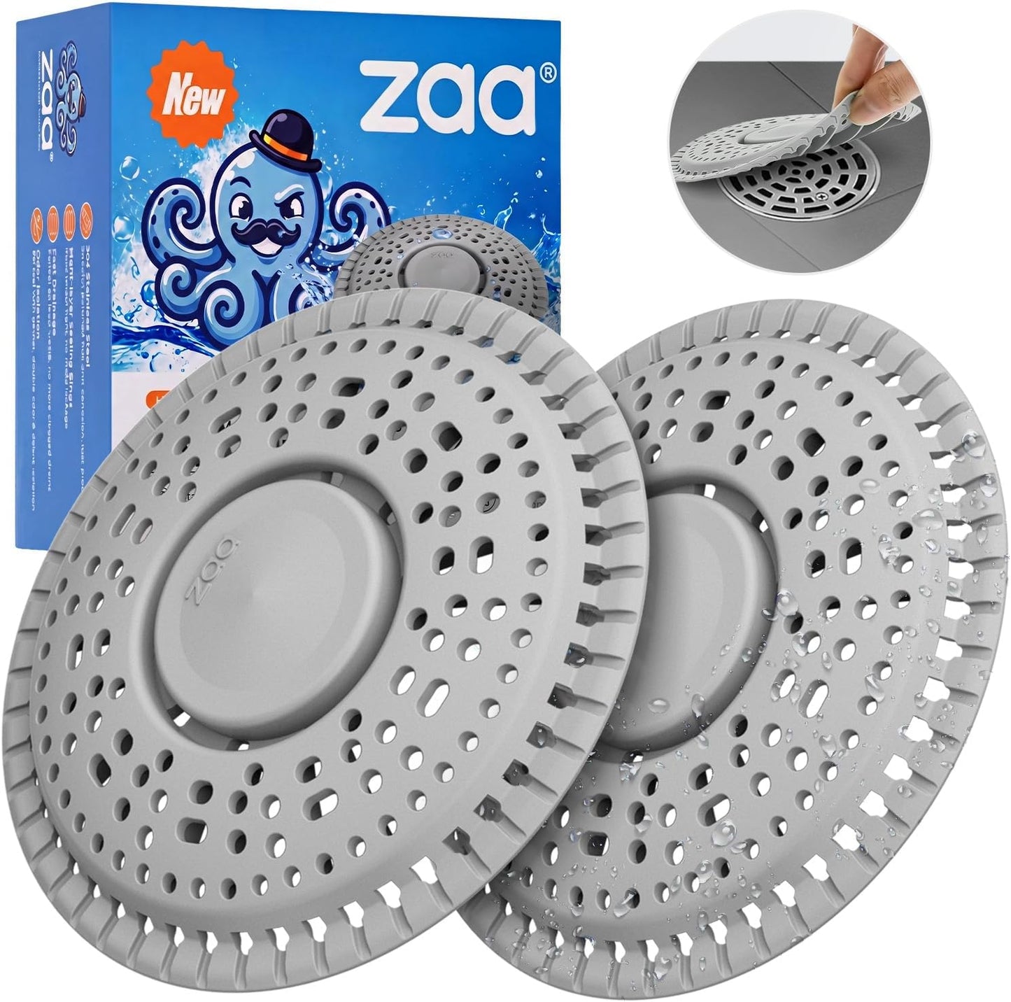Shower Drain Hair Catcher Silicone Flat Floor Strainer Protector | 2 Pack Gray Weighted Flat Shower Drain Protectors, Traps Hair Before Clogs, Easy to Clean in Seconds, Fits Flat Floor Drains