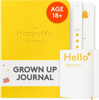 HappyMe - Adult Growth Journal, Wellness Notebook with 180 Pages, Daily Prompts for Gratitude, Positivity, Self-Discovery, Reflection, and Affirmations, Ideal for Ages 18+, in English (US), (Yellow)