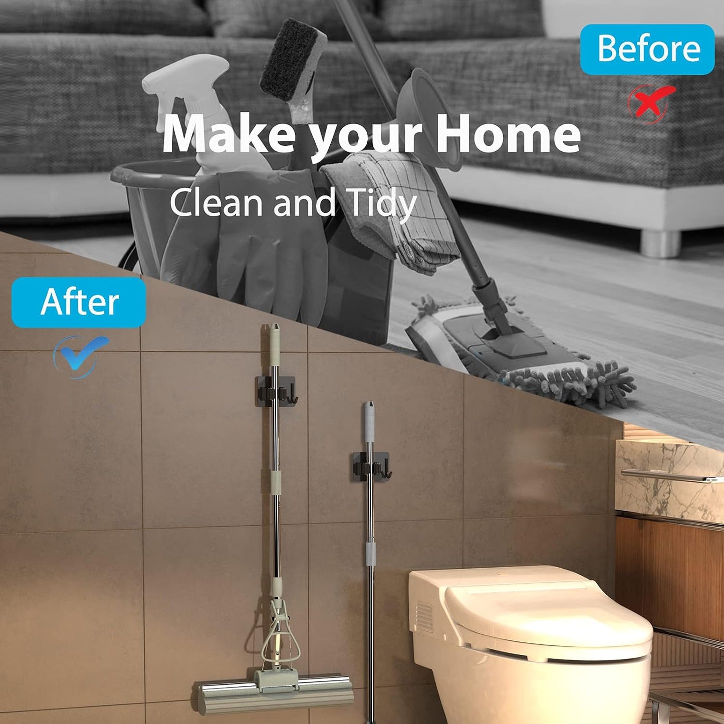 homeasy Broom Holder Wall Mount 4Pcs, Self Adhesive Mop Broom Hanger Black | Self adhesive stainless steel broom organizer with 4 hooks, holds mops, brooms and garden tools without drilling