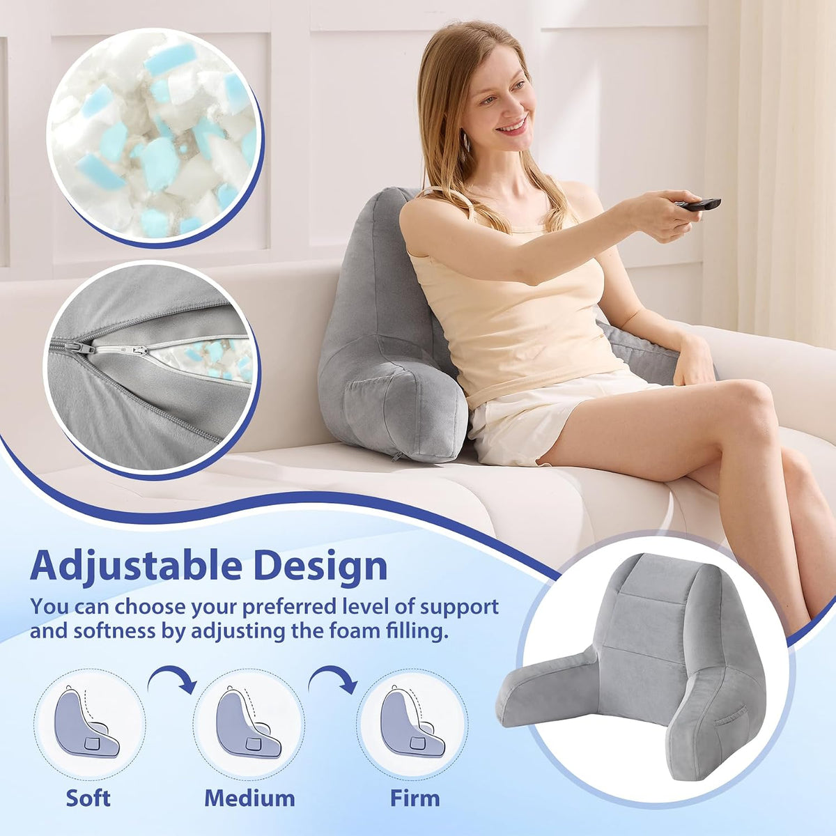 IASEAHK Reading Pillow, Back Pillow for Bed Sitting Up, Light Grey, 18 Inch