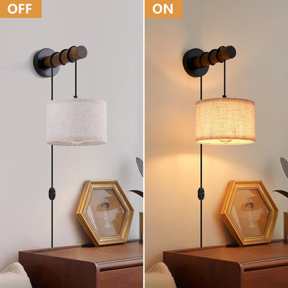 XSDeTu Battery Operated Wall Sconce with Remote, Rechargeable Battery Powered Wall Light, 3 Colors Dimmable Wall Mounted Lights, Adjustable Lamp for Bedroom Bedside, Wooden Arm, Fabric Shade, 2 Pcs
