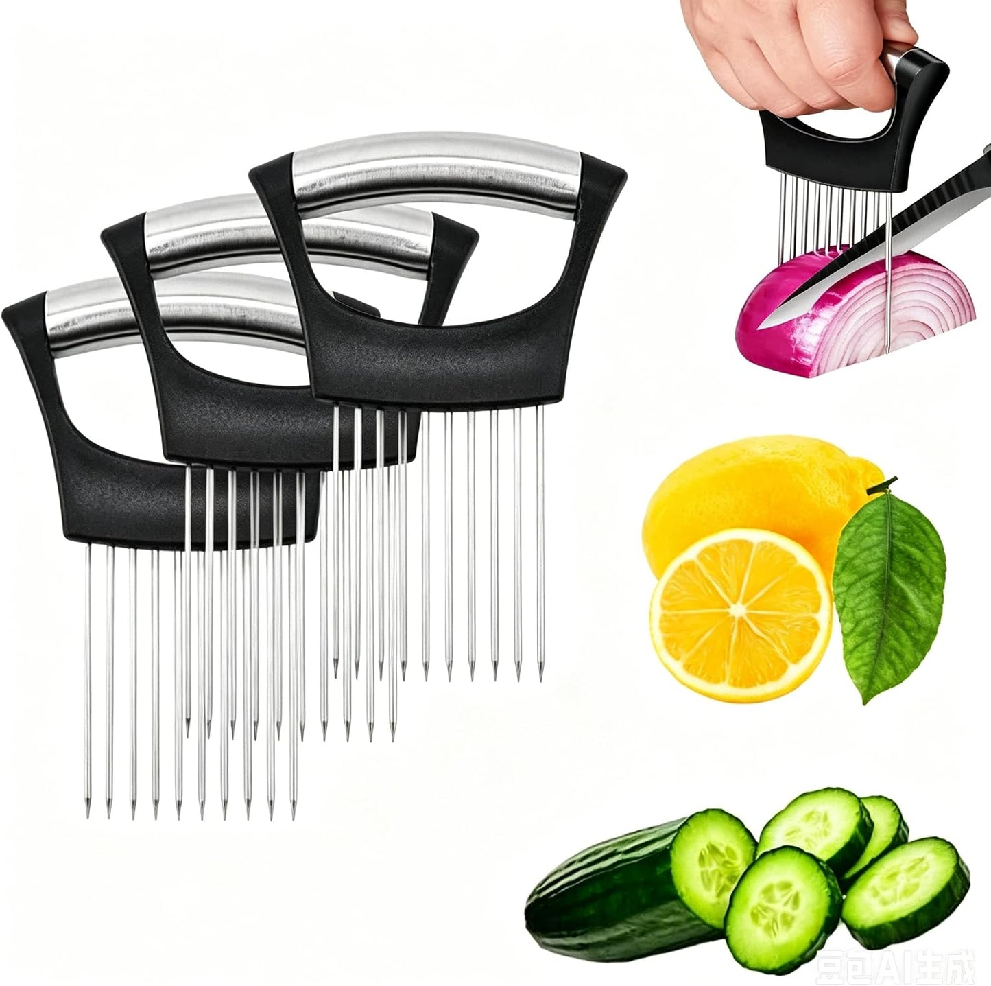 2Pcs Stainless Steel Onion Holder for Slicing, Onion Slicer Holder | Onion Cutter for Slicing of Onions, Food Vegetable Chopper, Tomatoes, Avocados, Eggs and Other Vegetables, Kitchen Utensils
